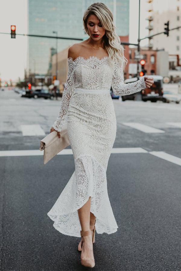 Lace Mermaid Off Shoulder High Low Long Sleeves Wedding Dresses, MW1025 Lace Mermaid Off Shoulder High Low Long Sleeves Wedding Dresses, MW1025