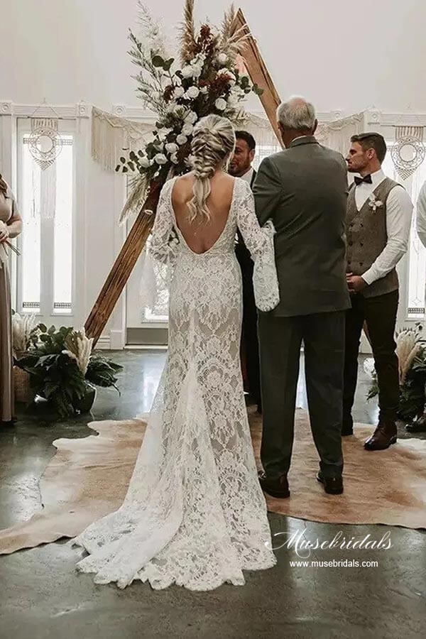 Lace Mermaid V-neck Long Sleeves Wedding Dresses, MW892 | Musebridals Lace Mermaid V-neck Long Sleeves Wedding Dresses, MW892 | Musebridals