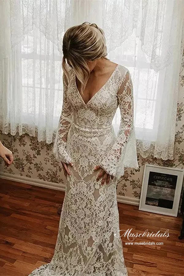 Lace Mermaid V-neck Long Sleeves Wedding Dresses, MW892 | Musebridals