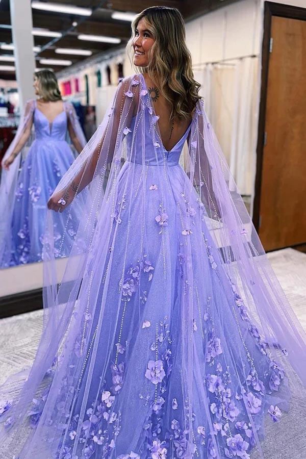 Lavender Satin A-line V-neck Long Prom Dresses With 3D Lace Flowers, MP863