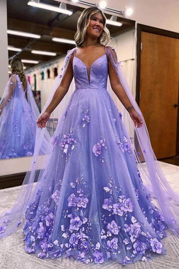 Lavender Satin A-line Prom Dresses With 3D Flowers MP863 | Musebridals Lavender Satin A-line Prom Dresses With 3D Flowers MP863 | Musebridals