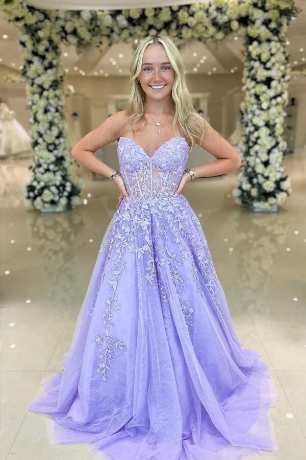 Lavender Tulle A-line Sweetheart Strapless Lace Appliques Prom Dresses, MP935 | tulle prom dress | lace prom dress | evening gown | musebridals.com