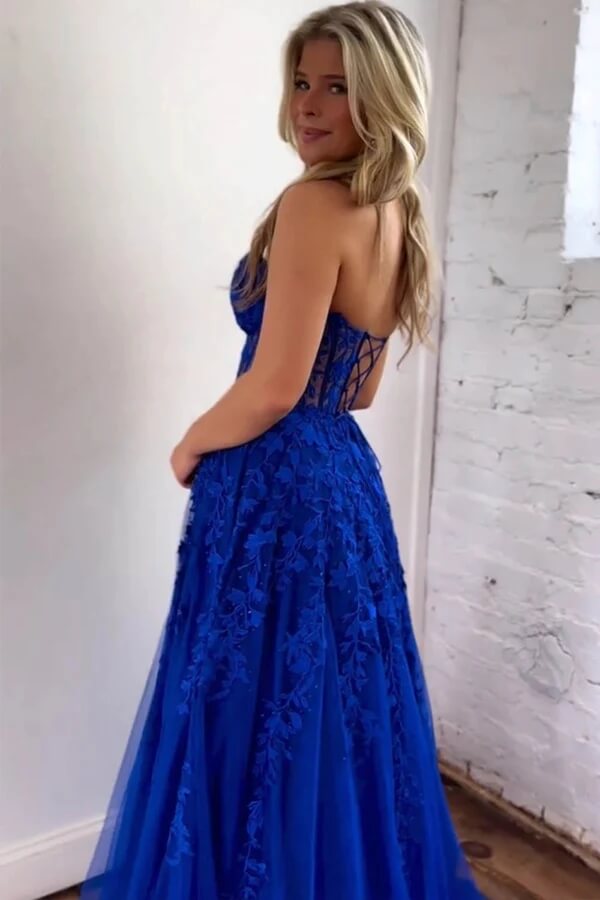 Lavender Tulle A-line Sweetheart Strapless Lace Appliques Prom Dresses, MP935 | strapless prom dress | evening dress | new arrival prom dress | musebridals.com