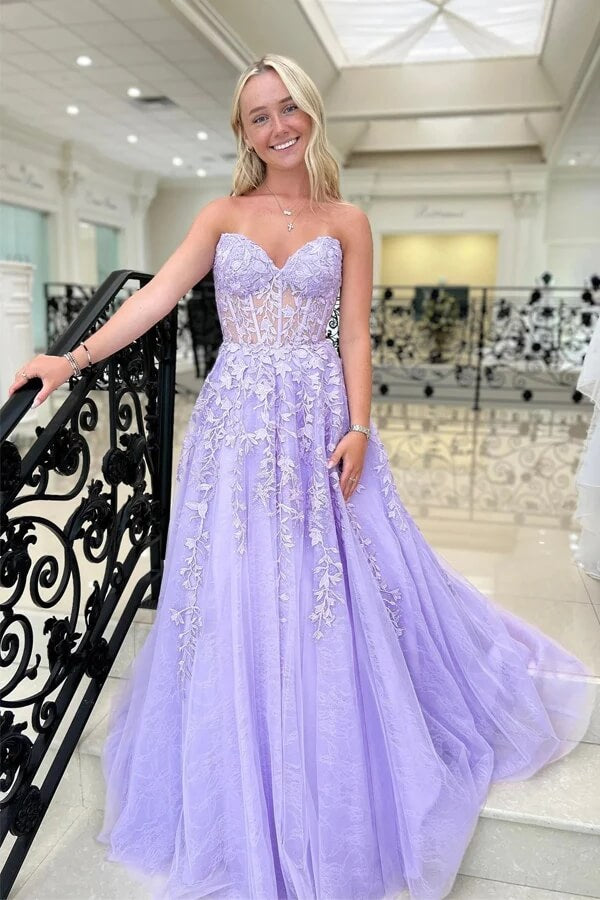 Lavender Tulle A-line Sweetheart Strapless Lace Appliques Prom Dresses,  MP935