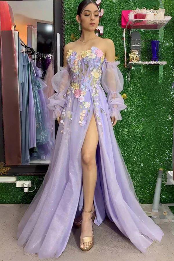 Lavender Tulle Strapless 3D Floral Prom Dresses, MP1007 Lavender Tulle Strapless 3D Floral Prom Dresses, MP1007