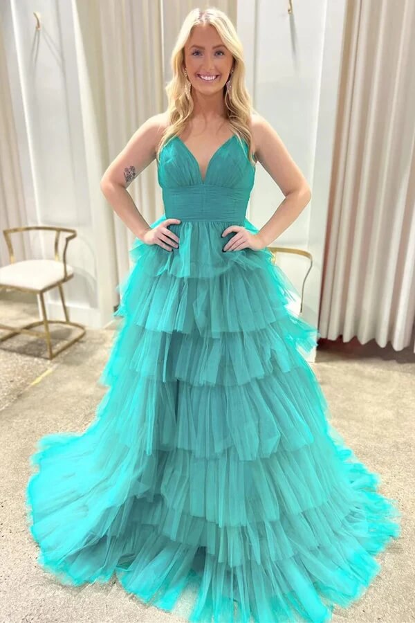 slim fit dress slacks Lavender Tulle Tiered A-line V-neck Prom Dresses, MP1003