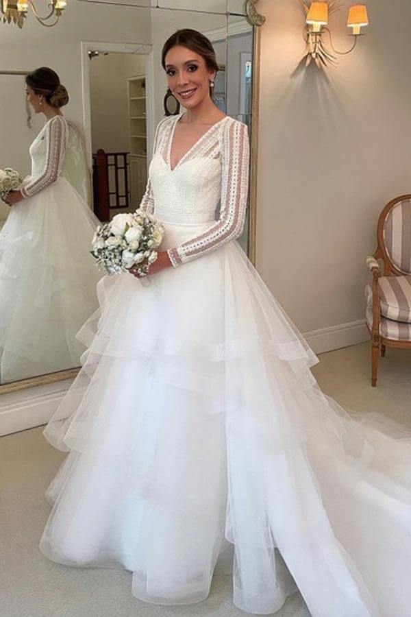 Tulle Ball Gown Lace Long Sleeves Wedding Dresses, MW985 | Musebridals Tulle Ball Gown Lace Long Sleeves Wedding Dresses, MW985 | Musebridals