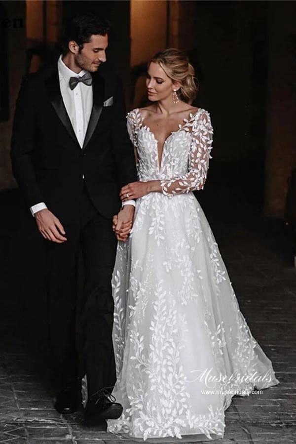 Leaves Lace Tulle Long Sleeves Boho Wedding Dresses, Bridal Gown, MW962 Leaves Lace Tulle Long Sleeves Boho Wedding Dresses, Bridal Gown, MW962