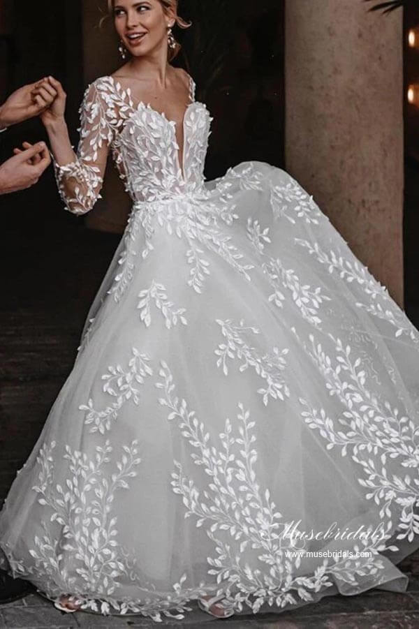 Leaves Lace Tulle Long Sleeves Boho Wedding Dress, MW962 | Musebridals Leaves Lace Tulle Long Sleeves Boho Wedding Dress, MW962 | Musebridals