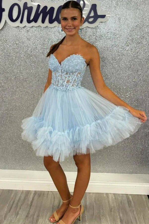 Blue A-line Lace Homecoming Dresses With Ruffles, MH648 | Musebridals Blue A-line Lace Homecoming Dresses With Ruffles, MH648 | Musebridals