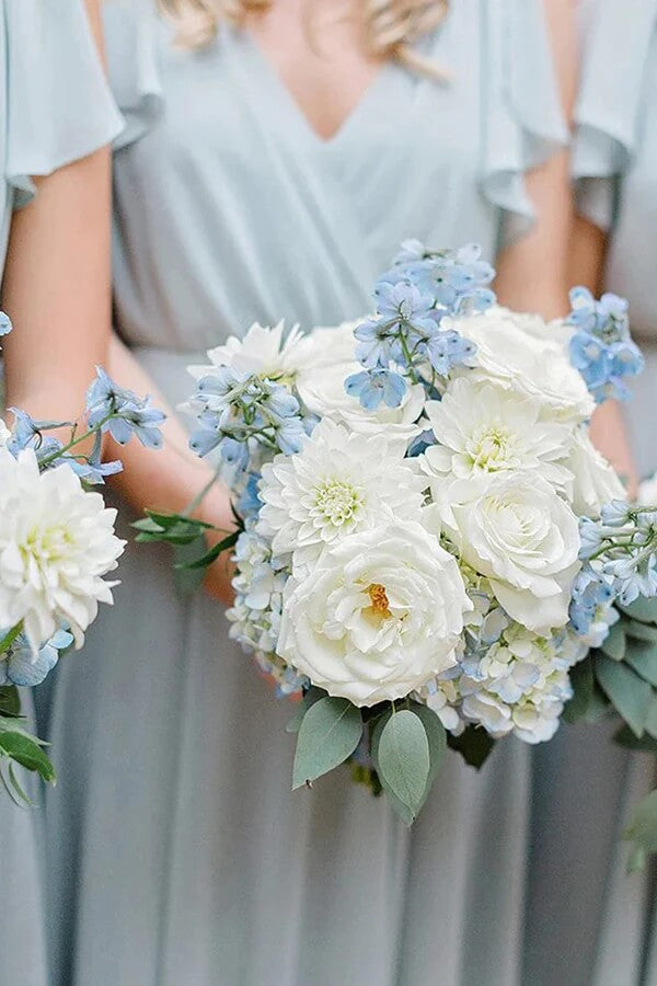 sachin and babi light blue dress Mother of The Bride Dresses Dusty Blue A Line Chiffon V Neck Ruffle Sleeves Appliques Waist High Low Mother of The Bride Dresses main image 0