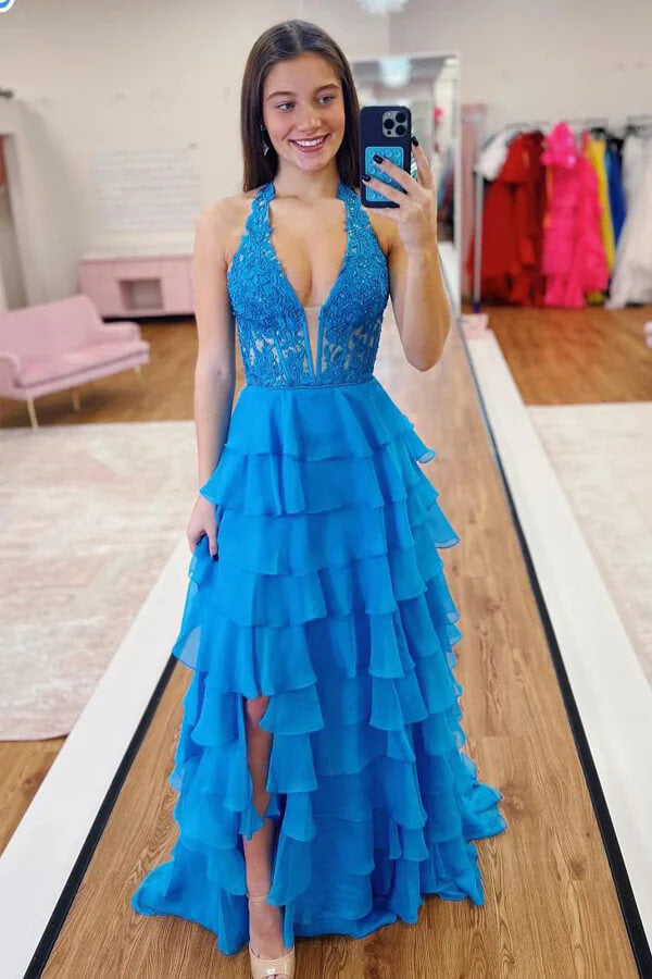 Light Blue Chiffon Ruffled Halter Long Prom Dress With Lace Appliques, MP1030 Light Blue Chiffon Ruffled Halter Long Prom Dress With Lace Appliques, MP1030