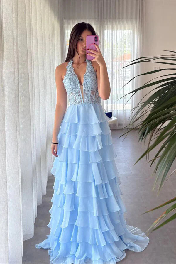 Light Blue Chiffon Ruffled Halter Long Prom Dress With Lace Appliques, MP1030 Light Blue Chiffon Ruffled Halter Long Prom Dress With Lace Appliques, MP1030