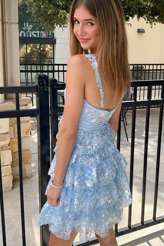 Light Blue Lace Sweetheart Neck Layered Short Homecoming Dresses, MH682 | short prom dress | lace homecoming dress | new arrival homecoming dress | musebridals.com