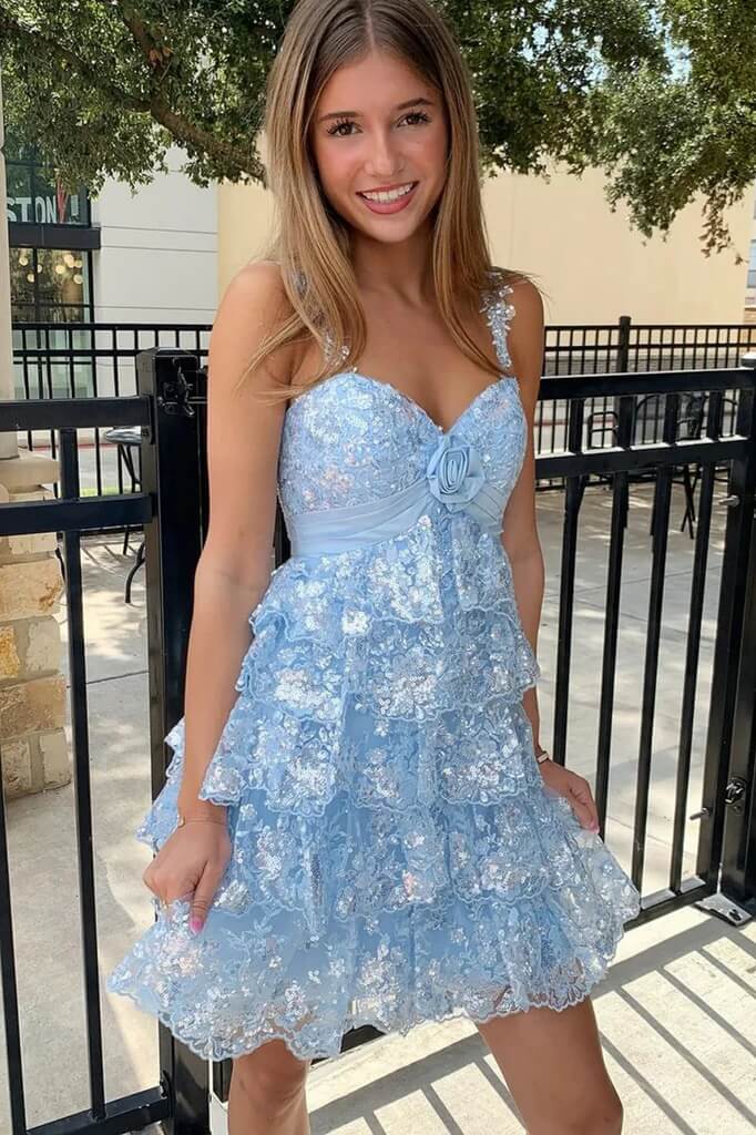 Light Blue Lace Sweetheart Neck Layered Short Homecoming Dresses, MH682 | blue homecoming dress | lace homecoming dress | cheap homecoming dress | musebridals.com