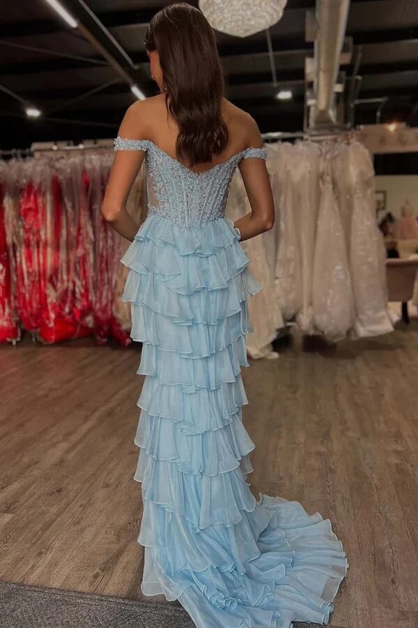white christmas dresses Queendancer Women Light Blue Corset Prom Dress with Appliques Spaghetti  Straps Formal Dress with Slit – queendanceruk main image 0