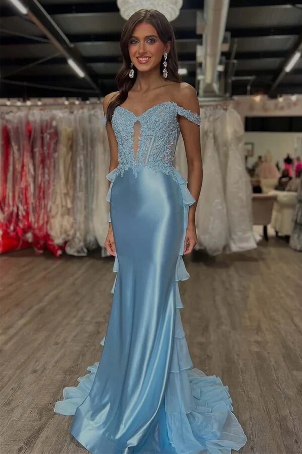 Light Blue Satin Off Shoulder Lace Prom Dresses, MP1024 | Musebridals Light Blue Satin Off Shoulder Lace Prom Dresses, MP1024 | Musebridals