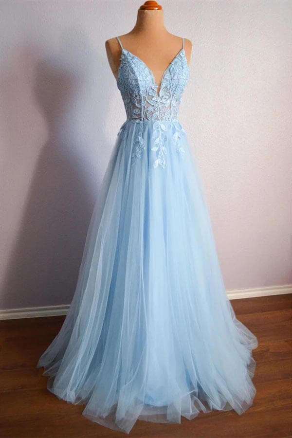 sachin and babi light blue dress Light Blue Tulle A-line Lace Appliques Prom Dress, MP878