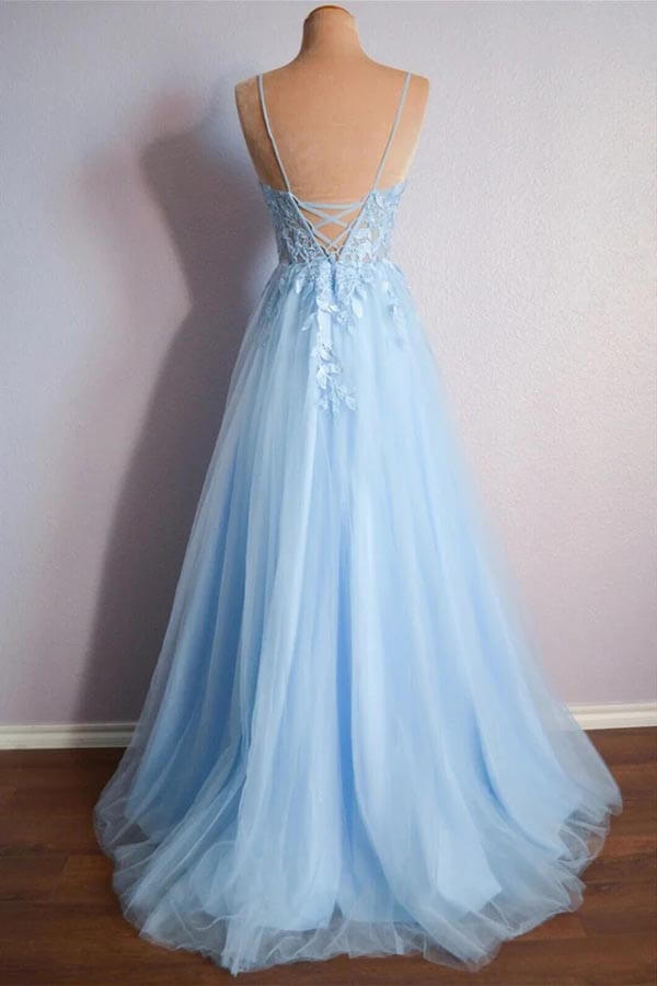 Light Blue Tulle A-line Lace Appliques Prom Dress, MP878 | Musebridals