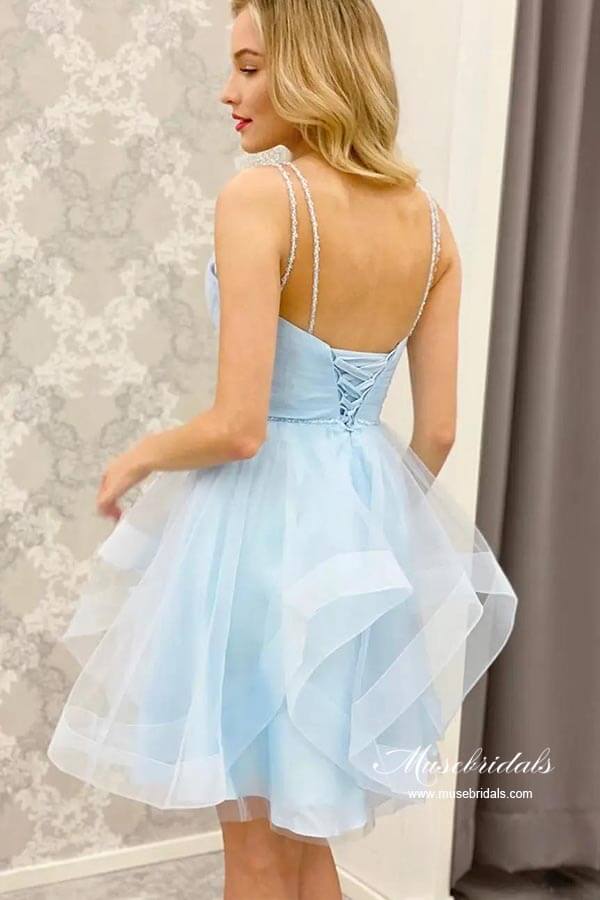 Blue v neck tulle short homecoming dress s94 main image 1