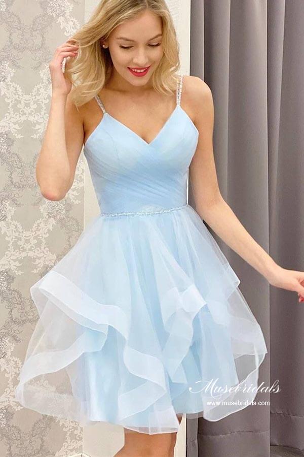 Light Blue Tulle A-line V-neck Spaghetti Straps Short Homecoming Dress, MH600 Light Blue Tulle A-line V-neck Spaghetti Straps Short Homecoming Dress, MH600