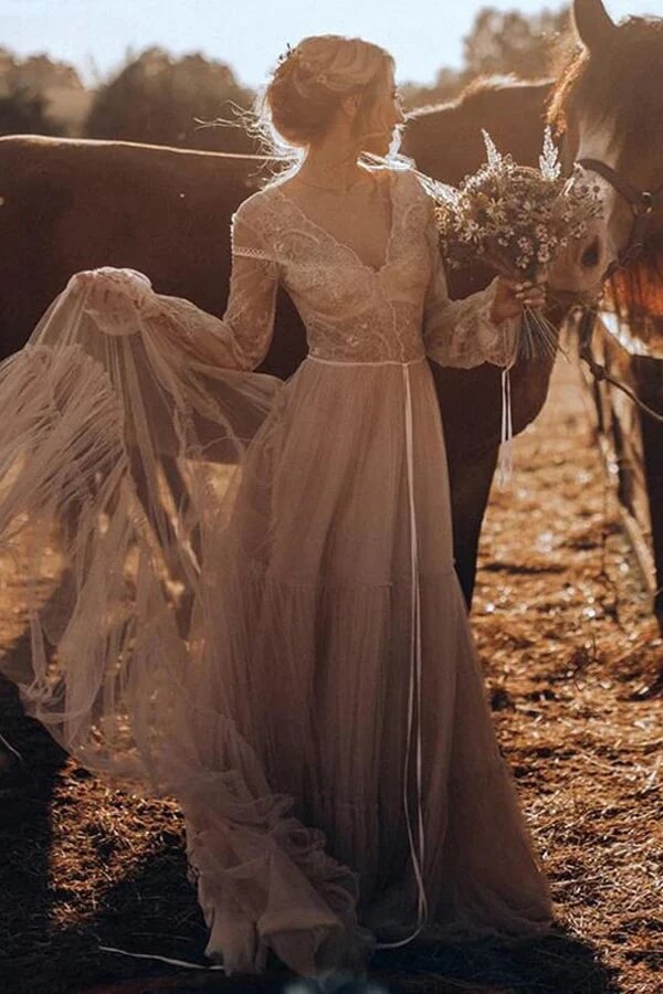 Light Brown Tulle A-line Long Sleeves Boho Rustic Wedding Dresses, MW1041 Light Brown Tulle A-line Long Sleeves Boho Rustic Wedding Dresses, MW1041