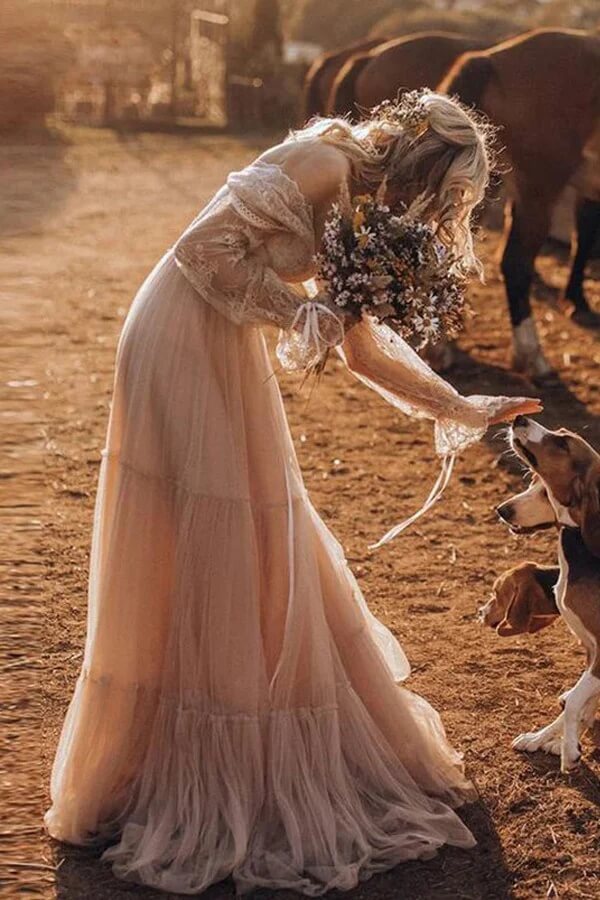 Light Brown A-line Long Sleeves Wedding Dresses, MW1041