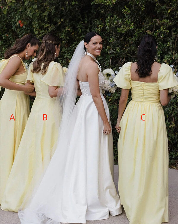 Light Yellow Satin A Line Mismatched Simple Long Bridesmaid Dresses, MBD298