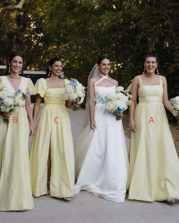 Light Yellow Satin A Line Mismatched Simple Long Bridesmaid Dresses, MBD298 Light Yellow Satin A Line Mismatched Simple Long Bridesmaid Dresses, MBD298