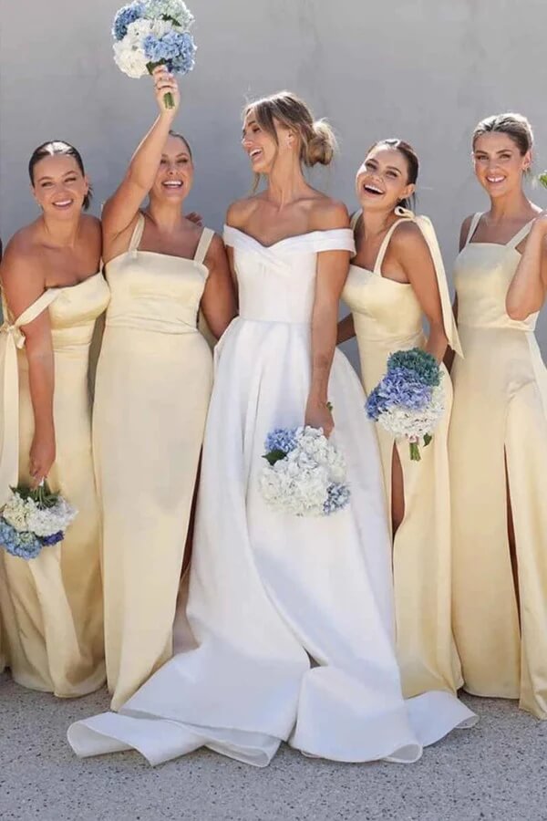 Light Yellow Satin Sheath Straight Across Bridesmaid Dresses With Slit, MBD253 Light Yellow Satin Sheath Straight Across Bridesmaid Dresses With Slit, MBD253