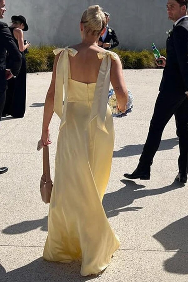 Light Yellow Long Bridesmaid Dresses With Slit, MBD253 | Musebridals Light Yellow Long Bridesmaid Dresses With Slit, MBD253 | Musebridals