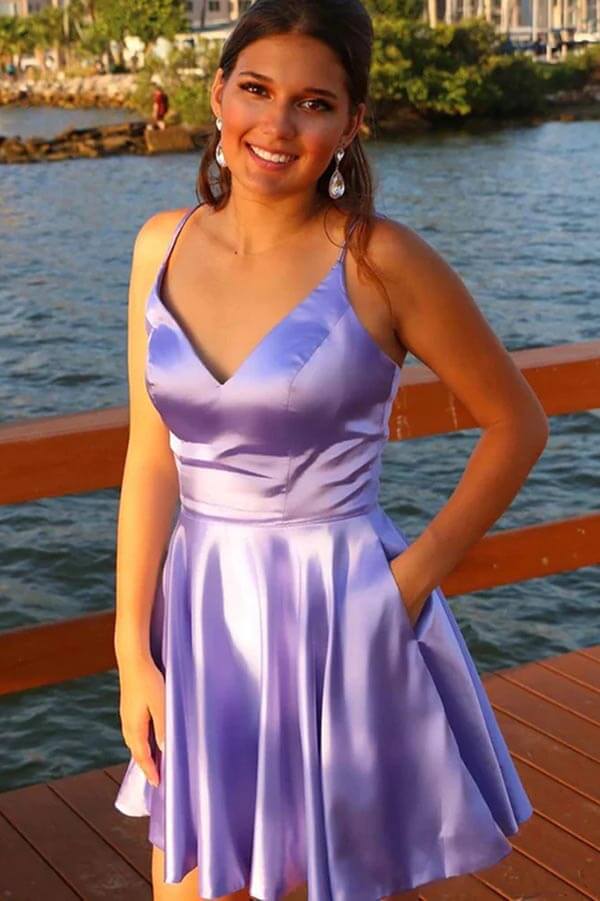 Lavender Purple Satin Dress Lilac Silk Satin A-line V-neck