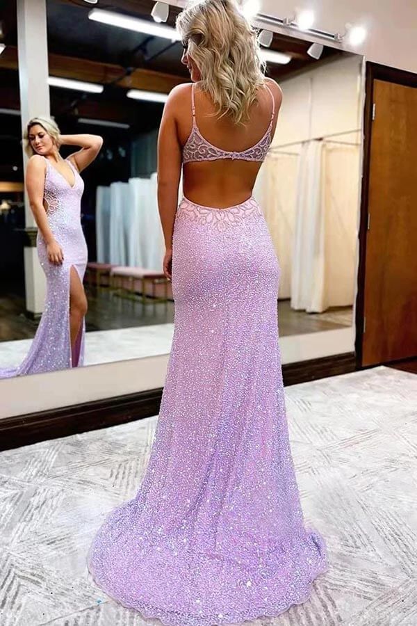 Lilac Sparkly Mermaid V-neck Long Prom Dresses With Slit, Evening Dress, MP857