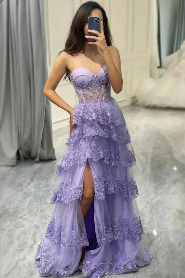 Lilac Tulle Layered A-line Sweetheart Lace Appliques Prom Dresses with Slit, MP993 Lilac Tulle Layered A-line Sweetheart Lace Appliques Prom Dresses with Slit, MP993