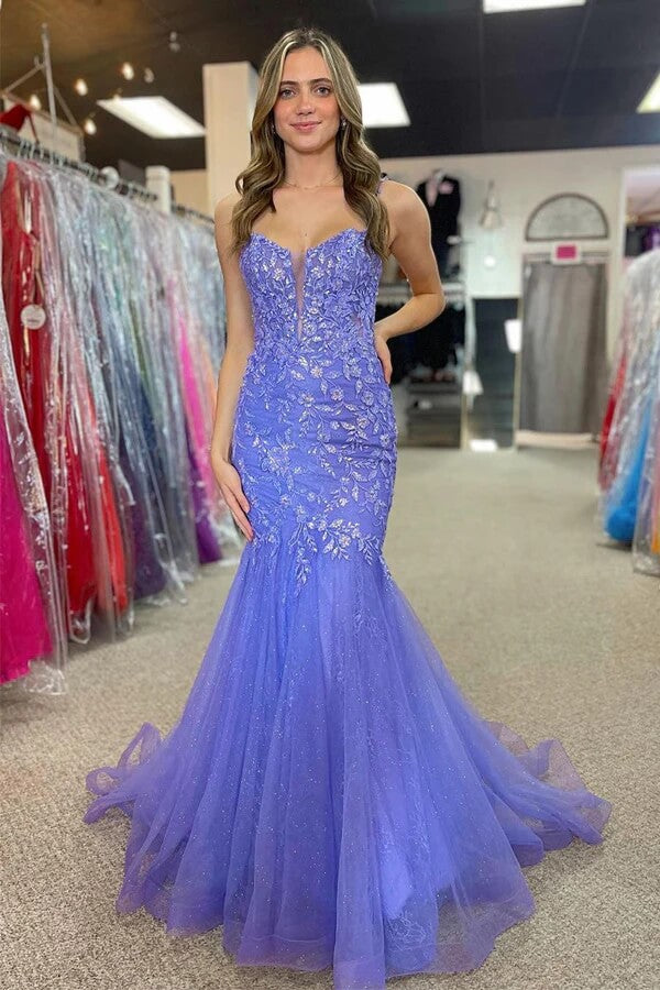 Lilac Tulle Mermaid Spaghetti Straps Long Prom Dresses With Appliques, MP940 Lilac Tulle Mermaid Spaghetti Straps Long Prom Dresses With Appliques, MP940