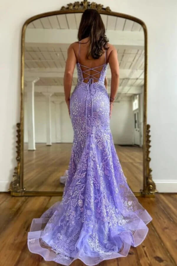 Lilac Tulle Spaghetti Straps lace Prom Dress, MP1123