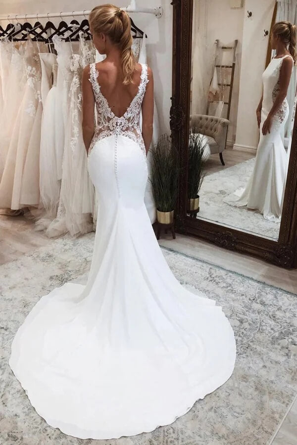 Mermaid Lace Appliqued Boho Wedding Dresses, MW1108