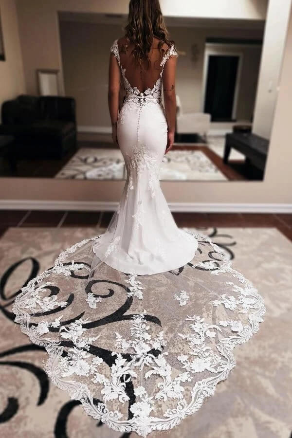 sleeveless backless wedding dress Ivory Backless Sleeveless Lace Mermaid Long Wedding Dress main image 1