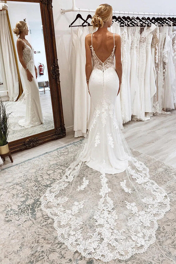 Mermaid V-neck Straps Lace Wedding Dresses, MW1034 | Musebridals