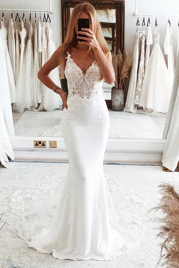 spaghetti strap low back lace wedding dress Mermaid Spaghetti Straps Open Backless Wedding Dress Lace Bridal Dress   SELINADRESS