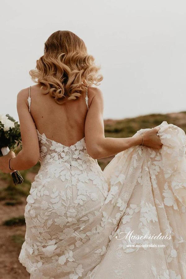 Mermaid V-neck Open Back Lace Appliques Beach Wedding Dresses, MW871 | lace wedding gown | boho wedding dresses | bridal gown | musebridals.com