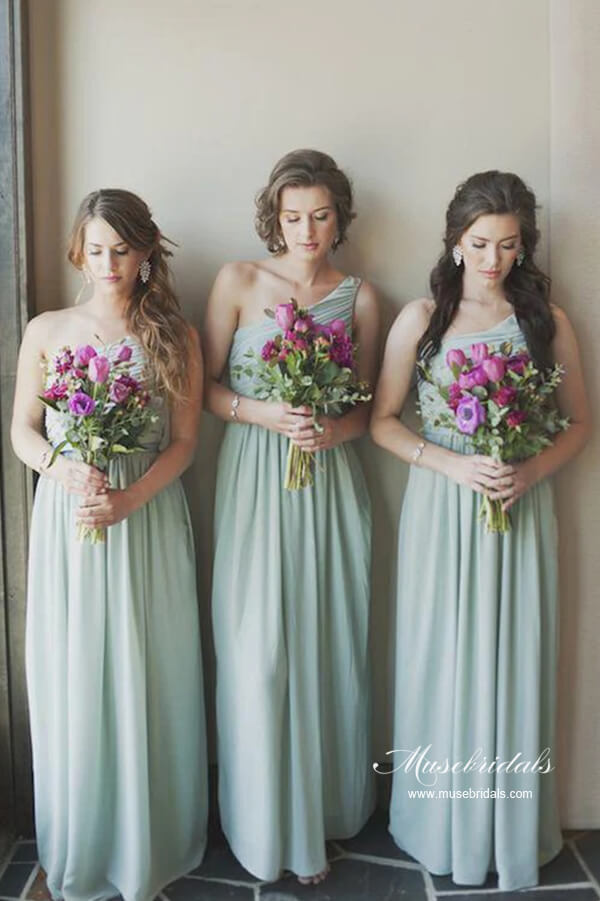 strapless open back dress Mint Green Chiffon A-line One Shoulder Long Bridesmaid Dresses, MBD255