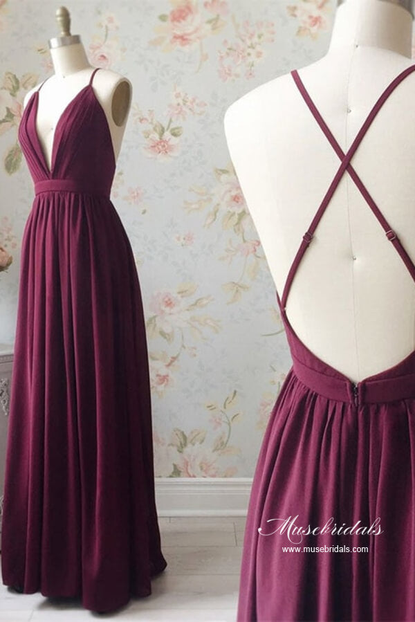 Modest Burgundy Chiffon A-line V-neck Floor Length Bridesmaid Dresses,  MBD268