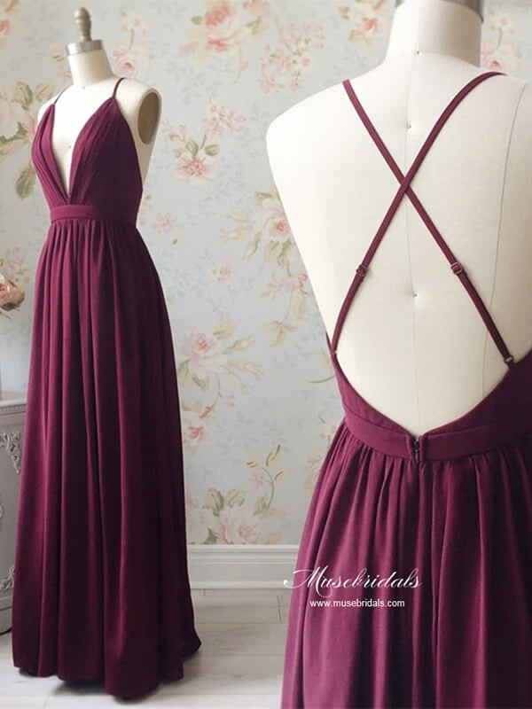 Modest Burgundy Chiffon A-line Bridesmaid Dress, MBD268
