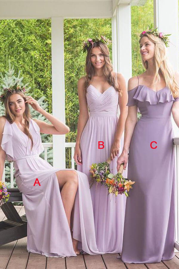 Modest Purple A-line Chiffon Mismatched Long Bridesmaid Dresses, MBD247