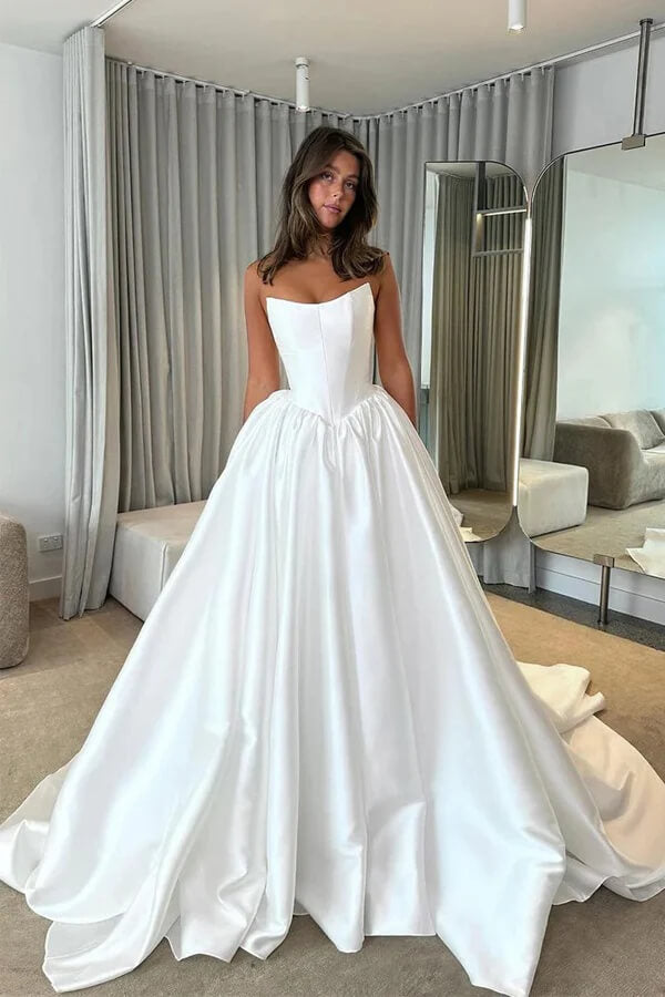 Modest Satin A-line Strapless Princess Wedding Dresses With Court Train,  MW1081