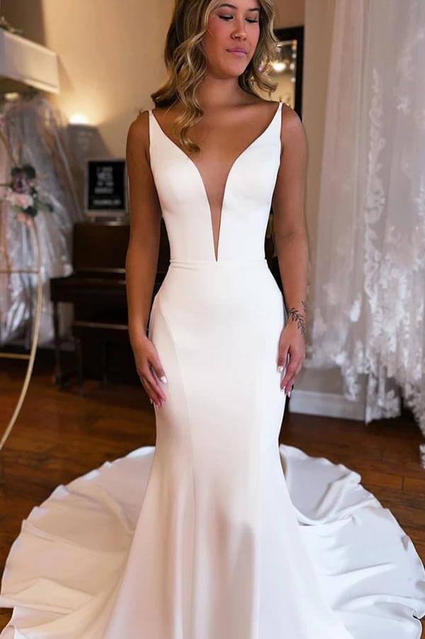 Modest Satin Mermaid Deep V-neck Wedding Dresses With Court Train, MW877
