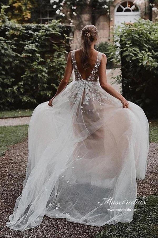 Tulle A-line V-neck Beach Wedding Dress With Lace, MW943 | Musebridals Tulle A-line V-neck Beach Wedding Dress With Lace, MW943 | Musebridals