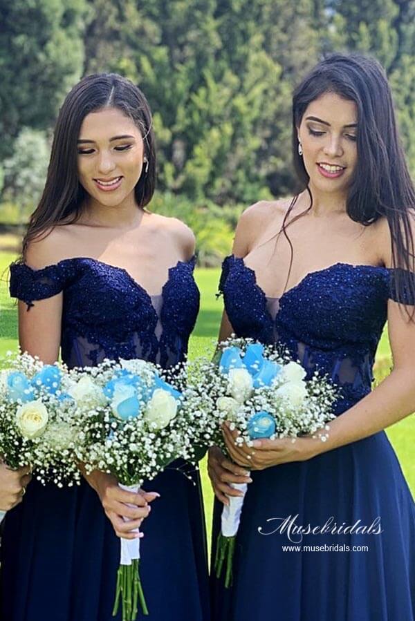 Navy Blue Chiffon A-line Off-the-Shoulder Lace Long Bridesmaid Dresses, MBD222 Navy Blue Chiffon A-line Off-the-Shoulder Lace Long Bridesmaid Dresses, MBD222
