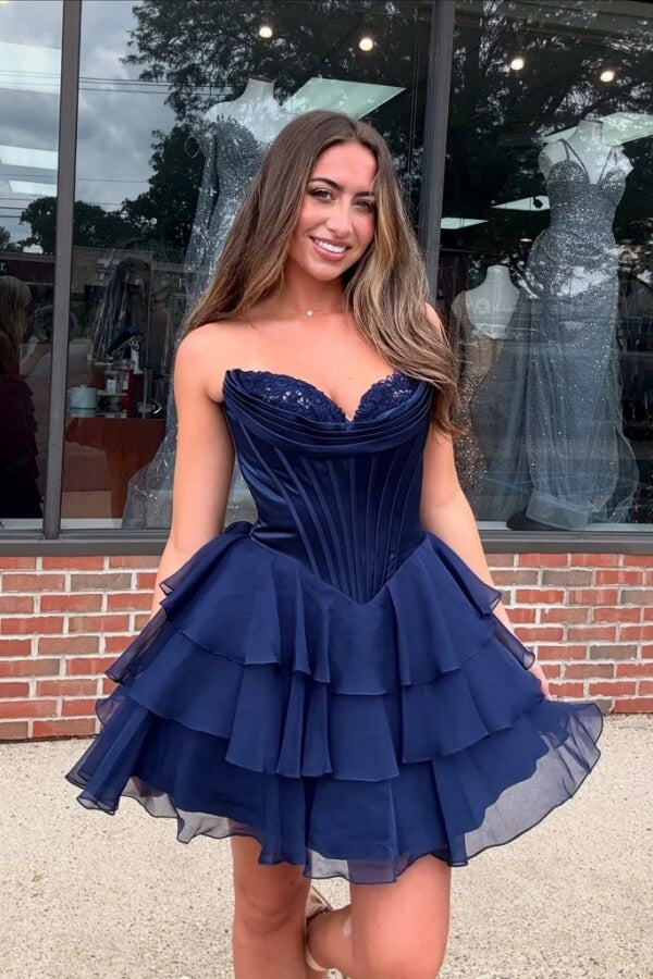 Navy Blue Chiffon A Line Short Homecoming Dresses, MH706